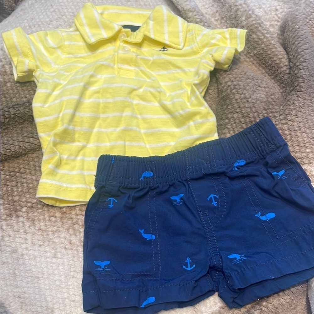 🩷 3/$18 Carter's Yellow Striped Polo with Navy Anchor set blue shorts - Picture 1 of 4